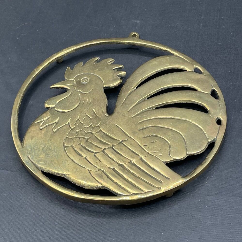 Vintage Etched Brass Rooster Trivet Hot Plate Made in Taiwan Wall Decor